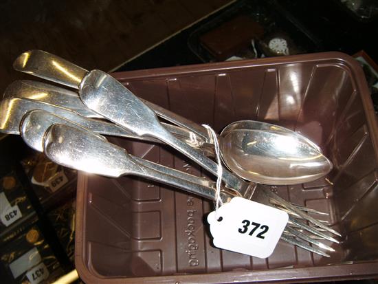 Three silver fiddle pattern tablespoons and three similar forks, Georgian and later